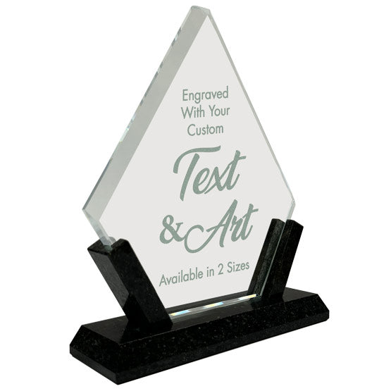 Custom Diamond Shaped Glass Award On Black Marble Base And Showing Customization Areas For Artwork And Text