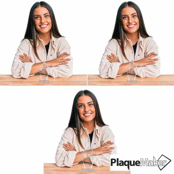 Size Guide With Woman Sitting Behind Three Different Sizes Of Custom Diamond Glass Awards And Glass Bases