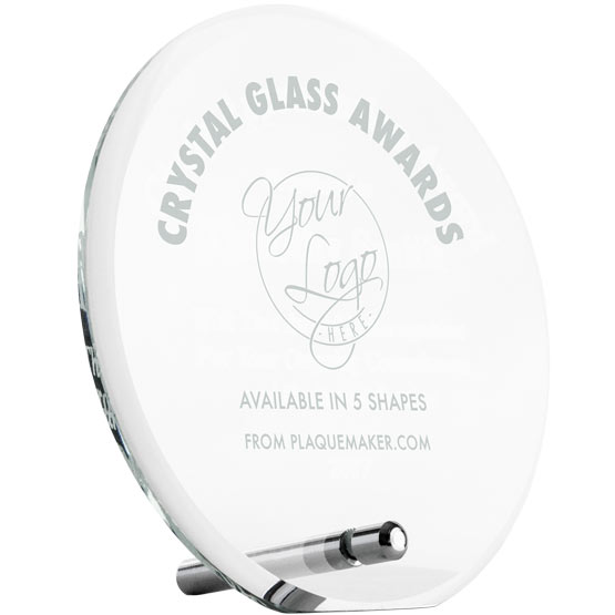 Custom Circle Glass Award Showing Customizable Areas For Text And Artwork And Standing Via Silver Pin 