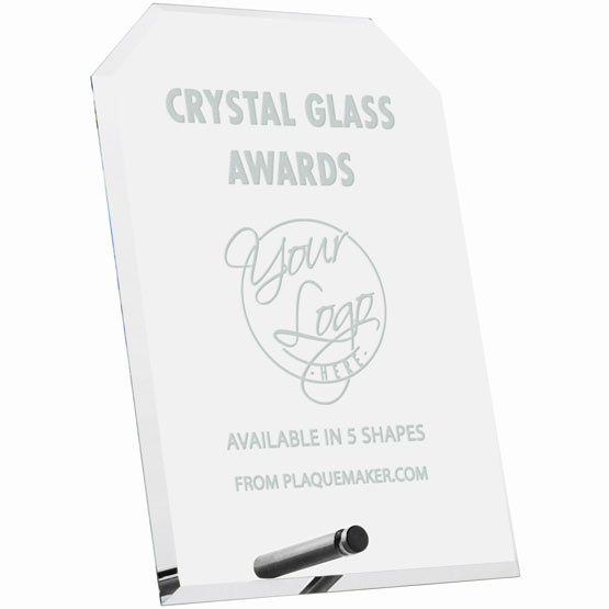 Custom Glass Award With Clipped Corners Showing Customizable Areas For Text And Artwork Standing Via Silver Pin