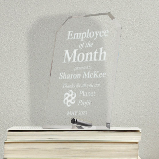 Custom Glass Award For Employee Of The Month With Clipped Corners Standing Via Silver Pin On A Stack Of Books