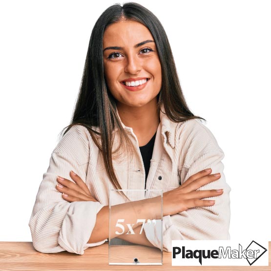 Size Guide With Happy Woman Sitting Behind Custom Rectangle Economy Glass Award Standing Via Silver Pin On Table