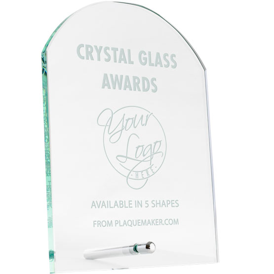 Custom Tombstone Shaped Glass Award Showing Customizable Areas For Text And Artwork Standing Via Silver Pin