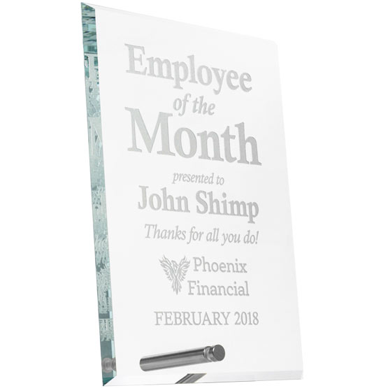 Custom Glass Award For Employee Of The Month With Name And Company Logo And Faceted Edges Standing Via Silver Pin
