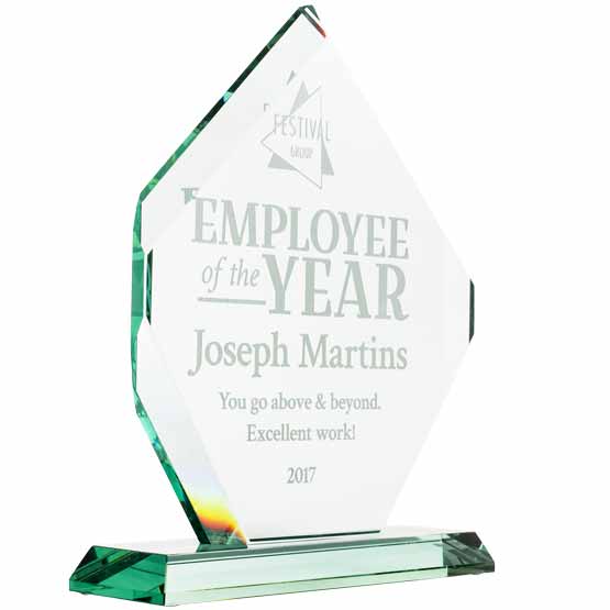 Custom Diamond Glass Award For Employee Of The Year With Logo And Name And Year Standing Via Glass Base
