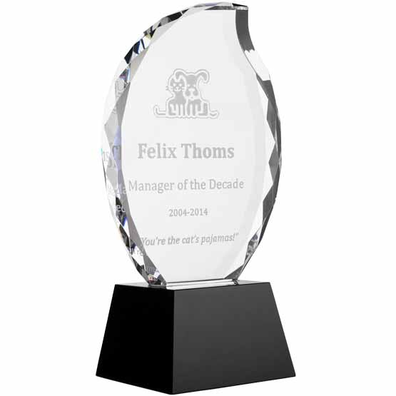 Custom Faceted Flame Glass Award For Manager Of The Decade With Name And Pet Company Logo Standing Via Black Base