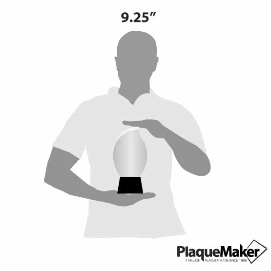 Size Guide With Blank Figure Holding Custom Flame Shaped Glass Award With Faceted Edges Standing On Black Base