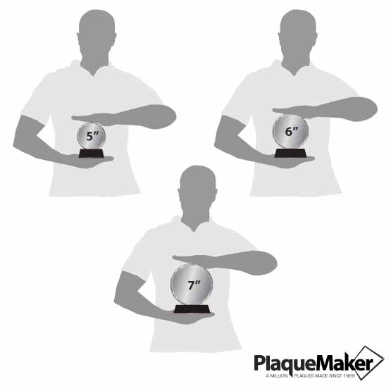 Size Guide With Blank Figures Holding Three Different Sizes Of Custom Faceted Circle Glass Awards With Black Base