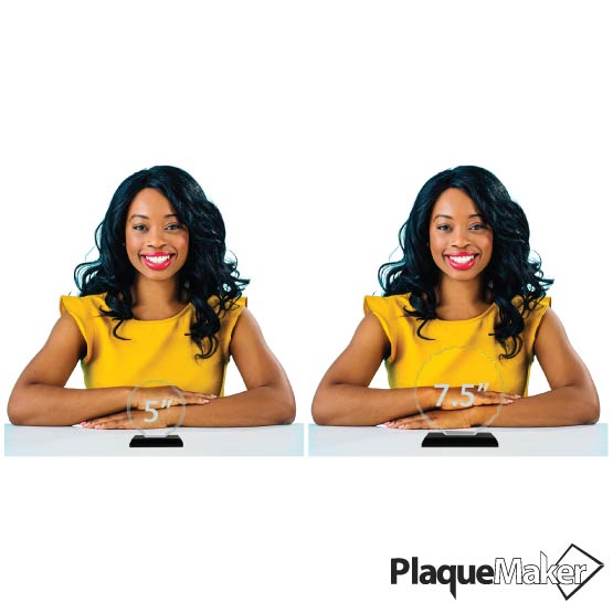 Size Guide With Happy Woman Sitting Behind Two Different Sizes Of Custom Faceted Circle Glass Award With Small Black Base