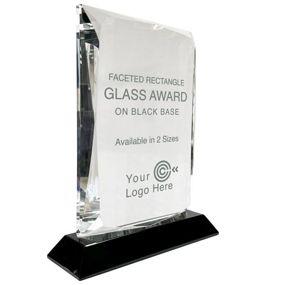 Custom Faceted Rectangle Glass Award Showing Customizable Areas For Text And Artwork Standing Via Black Base