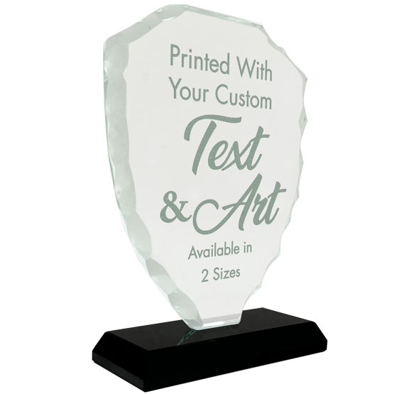 Custom Faceted Shield Glass Award Showing Customizable Areas For Text And Artwork Standing Via Black Base