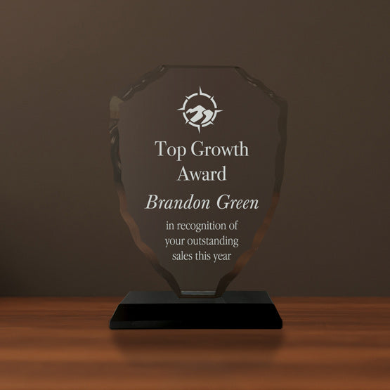 Custom Faceted Shield Glass Award For Top Sales Growth With Logo And Name And Black Base Standing On A Wood Shelf