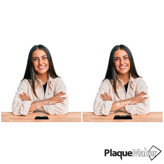 Size Guide With Happy Woman Sitting Behind Two Different Sizes Of Custom Faceted Shield Glass Award With Black Base