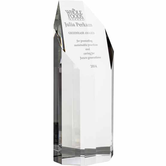 Custom Faceted Octagon Glass Tower Award For Sustainable Employee With Message And Date And Whole Foods Logo