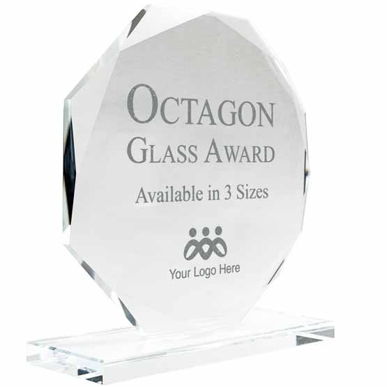 Custom Octagon Glass Award With Faceted Edges Showing Customizable Areas For Text And Art Standing Via Glass Base