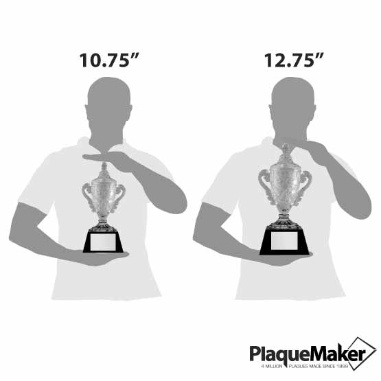 Size Guide With Blank Figures Holding Two Different Sizes Of Custom Glass Trophy Cups With Black Bases Featuring Metal Plates