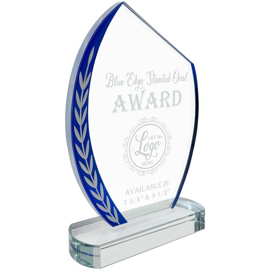 Custom Slanted Oval Glass Award With Blue Edge Featuring Wheat Artwork And Showing Customizable Areas Standing Via Glass Base