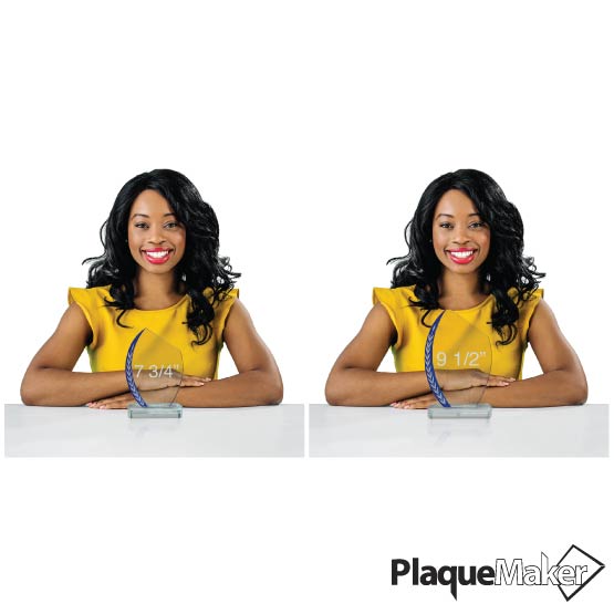 Size Guide With Happy Woman Sitting Behind Custom Slanted Oval Glass Award With Blue Edge And Wheat Art And Glass Base