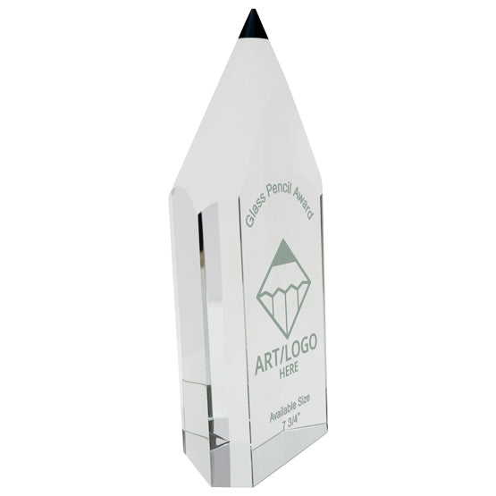 Custom Pencil Shaped Glass Award Showing Customizable Areas For Text And Artwork With Freestanding Design
