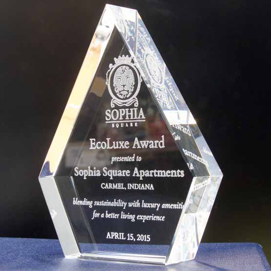 Custom Freestanding Pinnacle Shaped Award For Sustainable Job Performance With Logo And Message On A Blue Desk