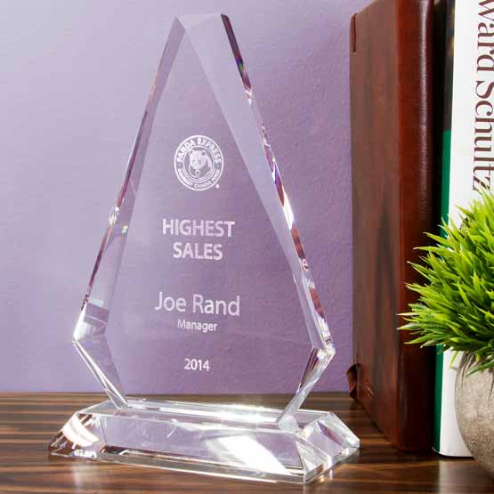Custom Diamond Prism Glass Award For Highest Sales Standing Via Glass Base On Wood Office Shelf With Plant And Books