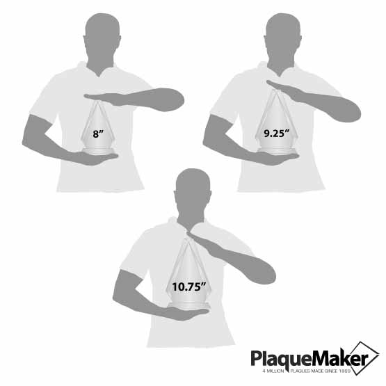 Size Guide With Blank Figures Holding Three Different Sizes Of Custom Diamond Prism Glass Award With Glass Bases