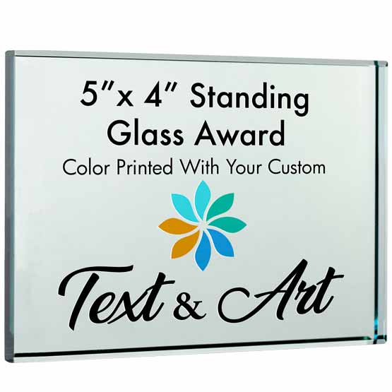 Custom Standing Rectangle Glass Award Showing Customizable Areas For Artwork And Text And Award Measurements