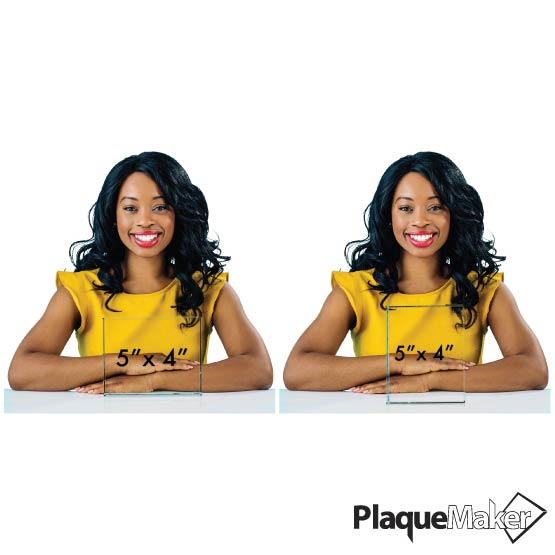 Size Guide With Happy Woman Sitting Behind Two Different Sizes Of Custom Standing Rectangle Glass Award