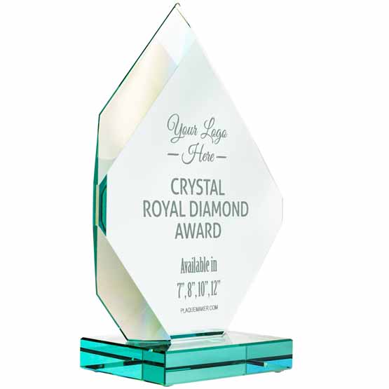 Custom Royal Diamond Glass Award With Faceted Edges And Glass Base And Showing Customizable Areas For Text And Art 