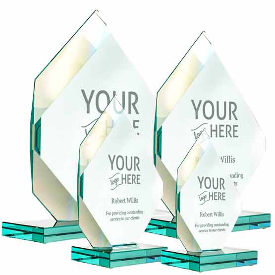 Four Different Sizes Of Custom Royal Diamond Glass Awards With Faceted Edges And Standing Via Glass Bases
