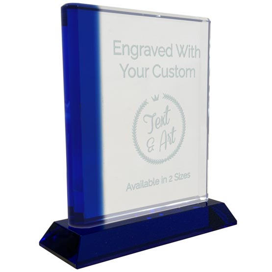 Custom Rectangle Glass Award With Blue Edge Showing Customizable Areas For Text And Art And Standing Via Blue Base