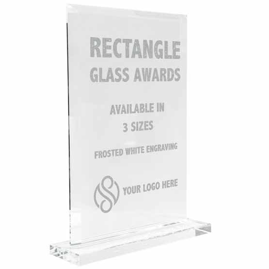 Custom Faceted Rectangle Glass Award Showing Customizable Areas For Text And Art And Standing Via Glass Base