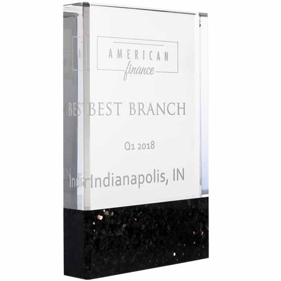 Custom Rectangle Glass Award For Best Financial Branch With Logo And Date Standing On Large Black Marble Base