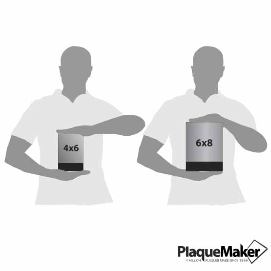 Size Guide With Blank Figures Holding Two Different Sizes Of Custom Rectangle Glass Award With Black Marble Base