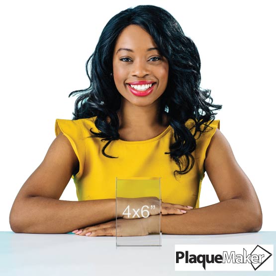 Size Guide With Happy Woman Sitting Behind Same Day Glass Award With Rectangle Shape And Freestanding Design 