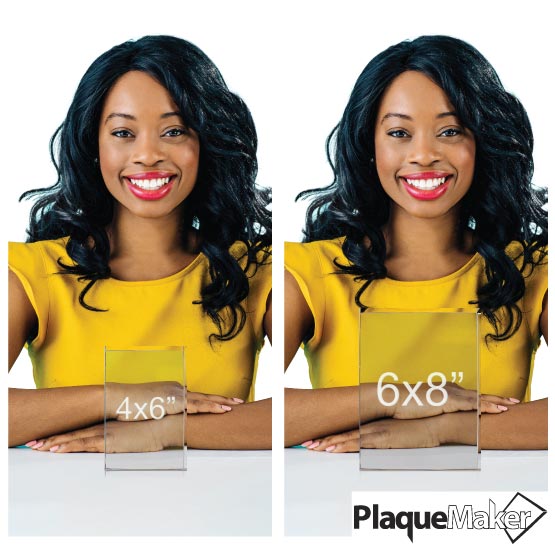 Size Guide With Happy Woman Sitting Behind Two Different Sizes Of Custom Rectangle Glass Award With Freestanding Design