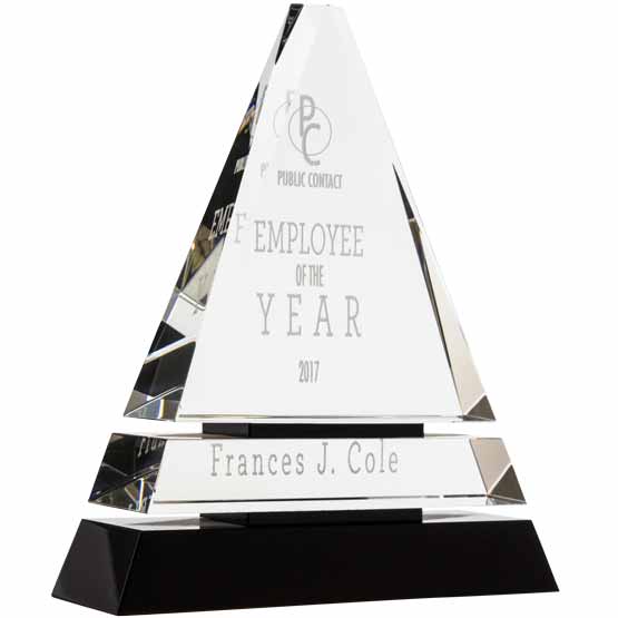 Custom Triangle Shaped Glass Award For Employee Of The Year With Logo And Name Standing Via Black Pedestal Base
