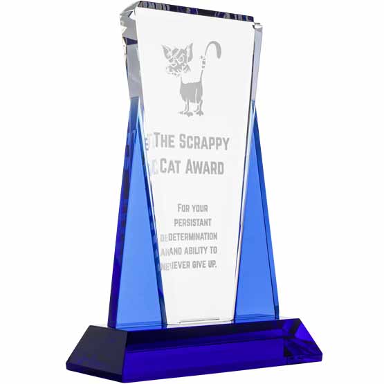 Custom Blue And Clear Glass Award For Hard Work With Wedge Shape And Blue Base Featuring Scrappy Cat Text And Artwork