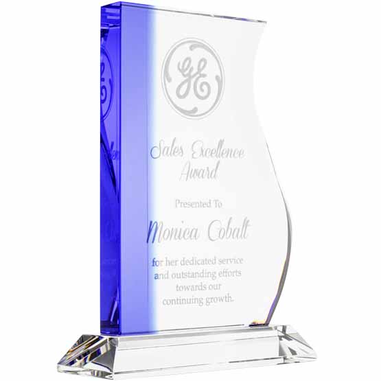 Custom Wave Shaped Glass Award For Sales Excellence With Blue Edge And Clear Glass Base Featuring Logo And Message