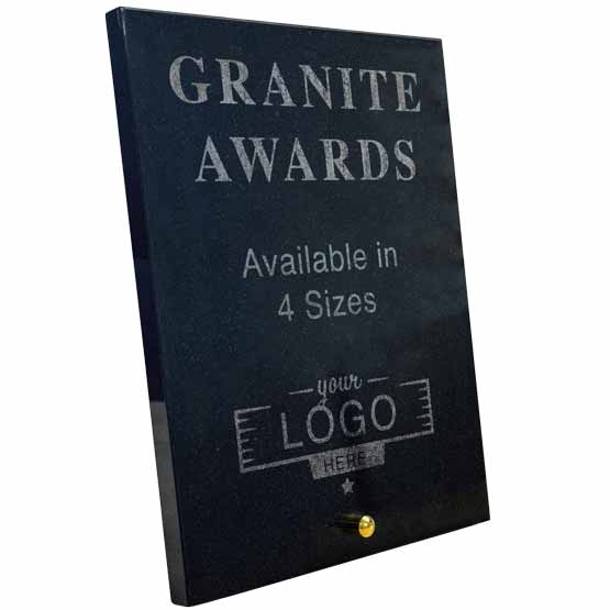 Custom Rectangle Shaped Granite Award Showing Customizable Areas For Text And Artwork And Standing Via Gold Pin