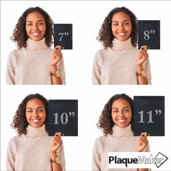 Size Guide With Happy Woman Holding Up Four Sizes Of Custom Rectangle Shaped Granite Awards With Gold Pin