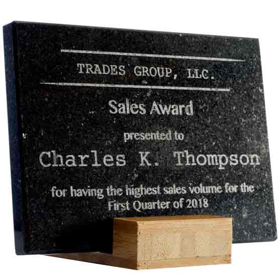 Custom Black Granite Award For Sales Achievement With Logo And Message Standing Via Custom Cut Bamboo Base