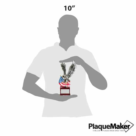 Size Guide With Blank Figure Holding Custom Silver Resin Eagle And United States Flag Trophy With Red Resin Base