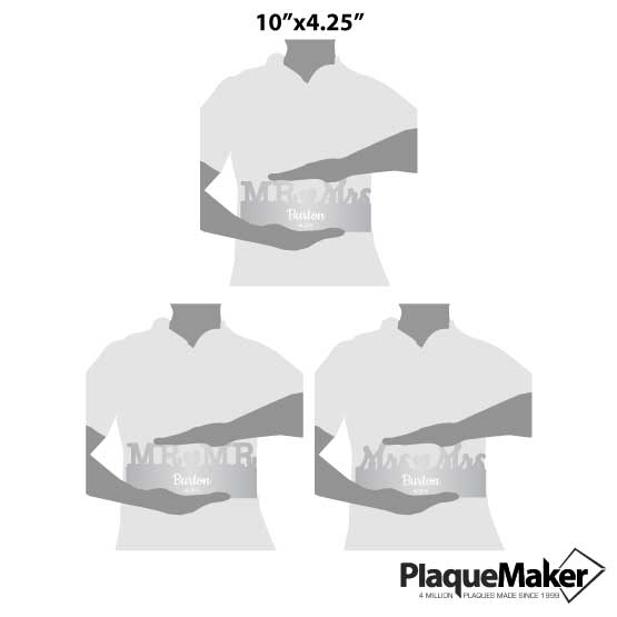 Size Guide With Blank Figures Holding Three Different Sizes Of Custom Clear Acrylic Sign With Mister And Missus Cutout