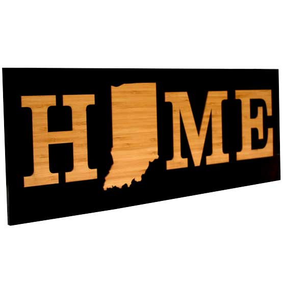Custom Bamboo And Black Acrylic Sign With The Word Home Featuring One Letter With Custom State Shape