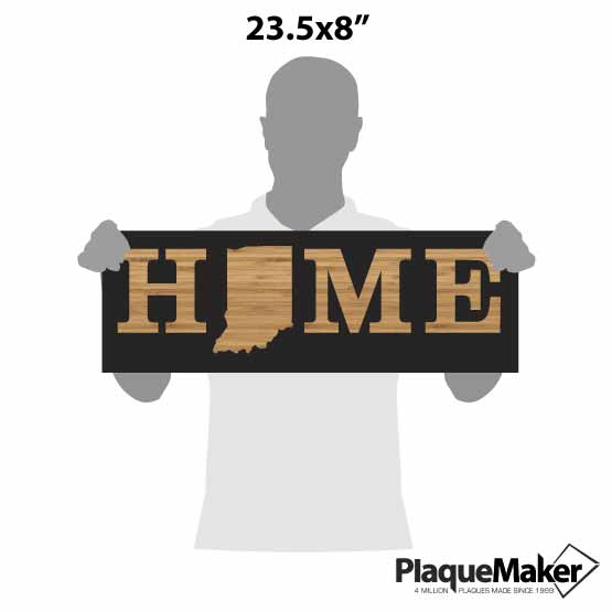 Size Guide With Blank Figure Holding Custom Bamboo And Black Acrylic Sign With Custom State Shape Inside The Word Home