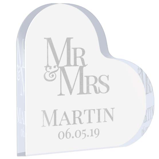 Custom Heart Shaped Acrylic Keepsake With Mister And Missus Text And Name And Date With Freestanding Design