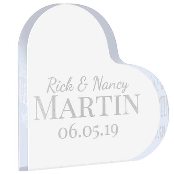 Custom Heart Shaped Acrylic Keepsake With Couple Names And Family Name And Date And Freestanding Design