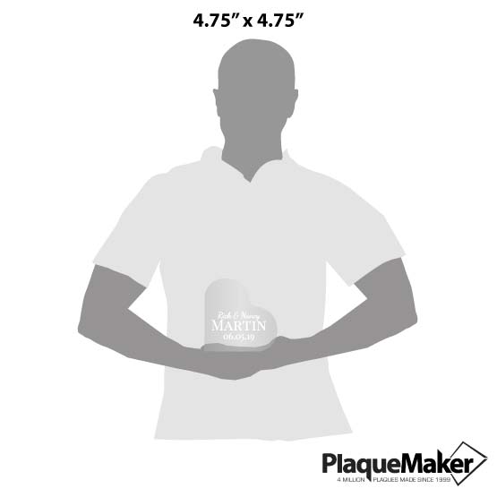 Size Guide With Blank Figure Holding Custom Heart Shaped Acrylic Keepsake With Couple Names And Family Name And Date