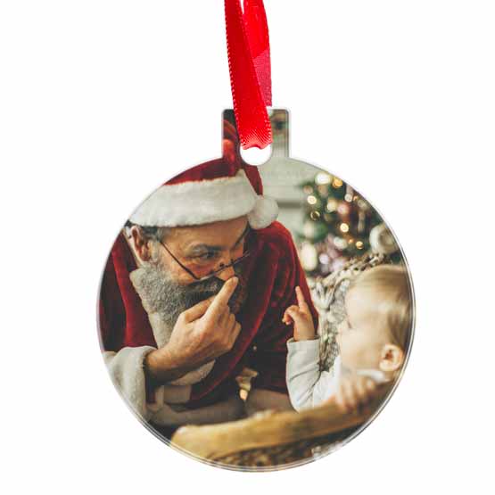 Custom Ball Shaped Acrylic Ornament With Red Ribbon And Full Color Photo Of Man Dressed As Santa Claus Playing With Child